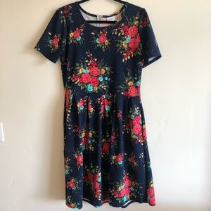 Navy blue floral Lularoe Amelia dress with pockets